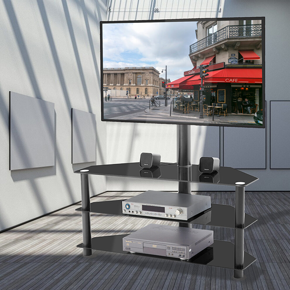 Black multi-function TV stand height adjustable bracket swivel 3-tier by La Spezia