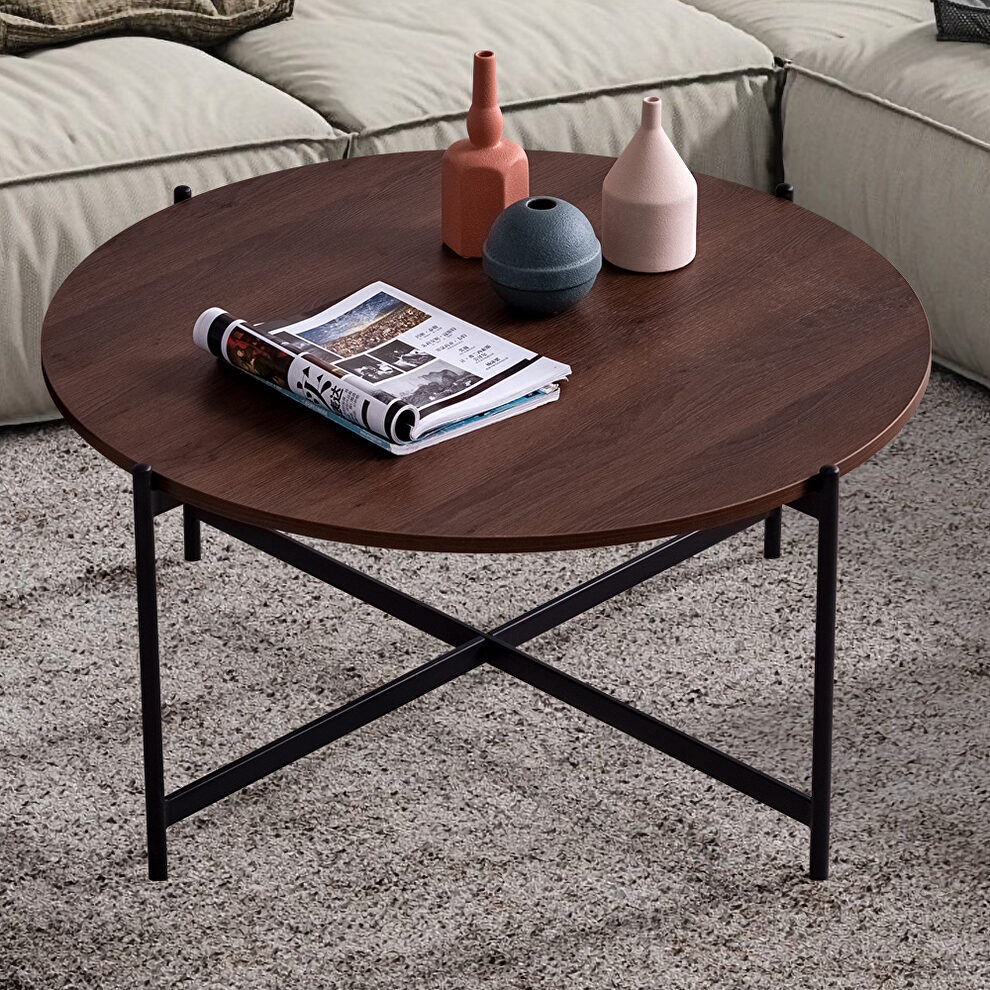 Modern round coffee table,black metal frame with walnut top by La Spezia