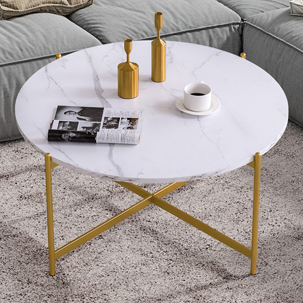 Modern round coffee table,golden metal frame with marble color top by La Spezia