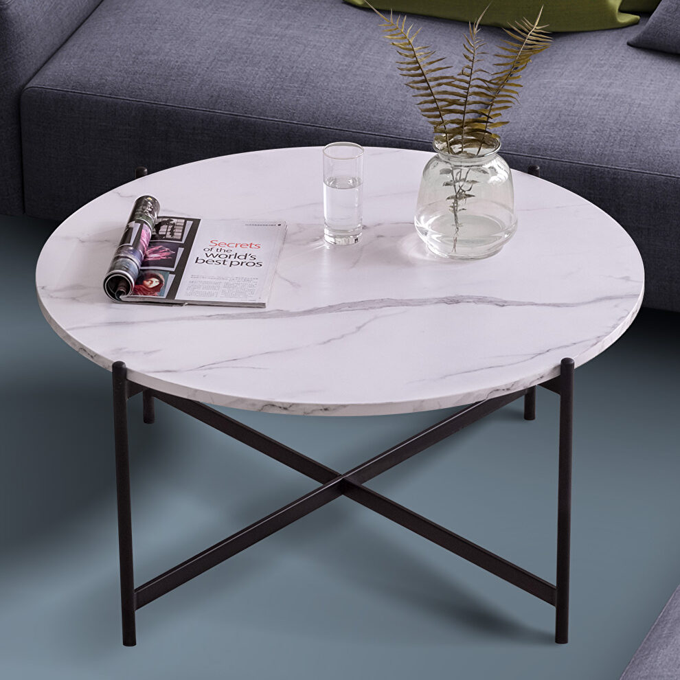 Modern round coffee table, black metal frame with marble color top by La Spezia
