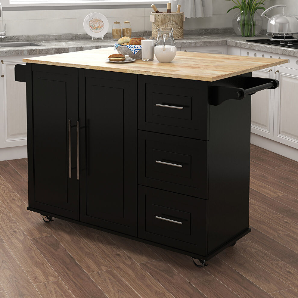 Kitchen island with spice rack towel rack and extensible solid wood top black by La Spezia