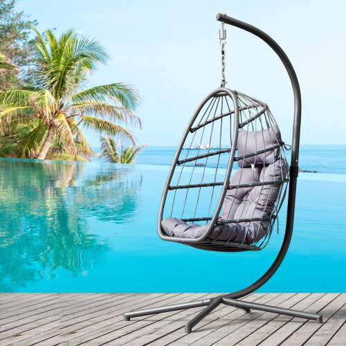 Indoor outdoor patio wicker hanging chair swing chair patio egg chair uv resistant gray cushion aluminum frame by La Spezia