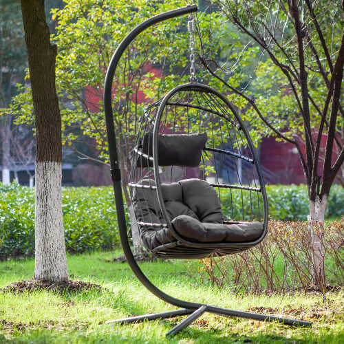 Indoor outdoor patio wicker hanging chair swing chair patio egg chair uv resistant dark gray cushion aluminum frame by La Spezia