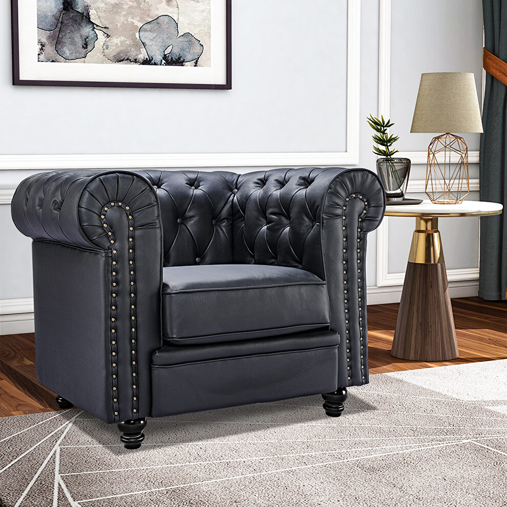 Classic sofa 1-seat black genuine leather solid wood oak feet by La Spezia