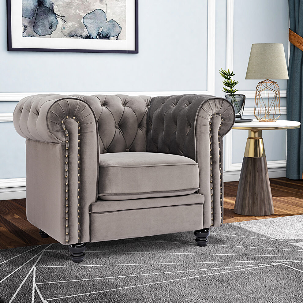 Classic sofa 1-seat gray velvet solid wood oak feet by La Spezia
