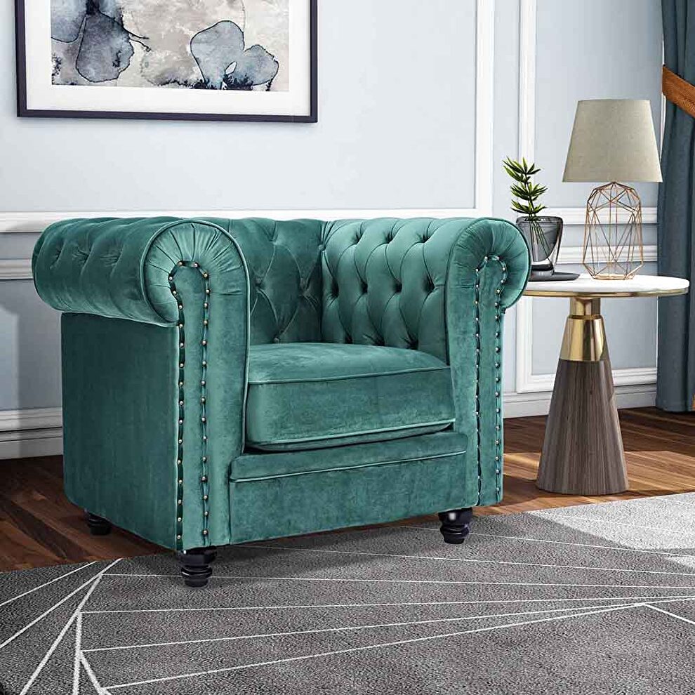 Classic sofa 1-seat green velvet solid wood oak feet by La Spezia