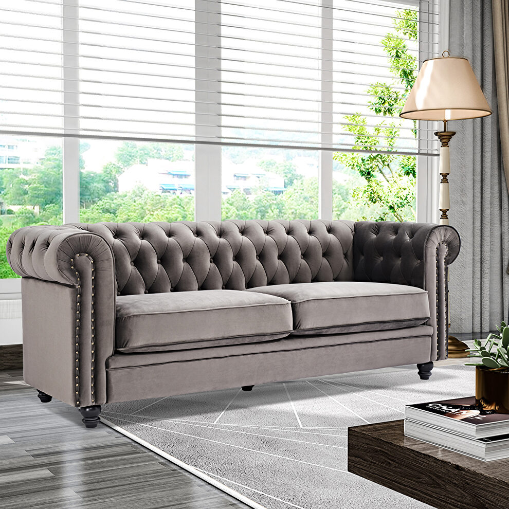 Classic sofa loveseat gray velvet solid wood oak feet by La Spezia