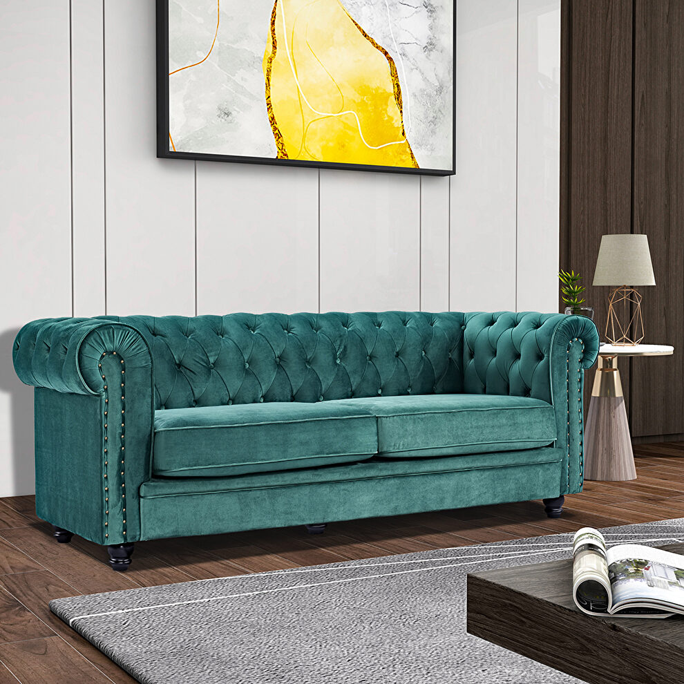 Classic sofa loveseat green velvet solid wood oak feet by La Spezia