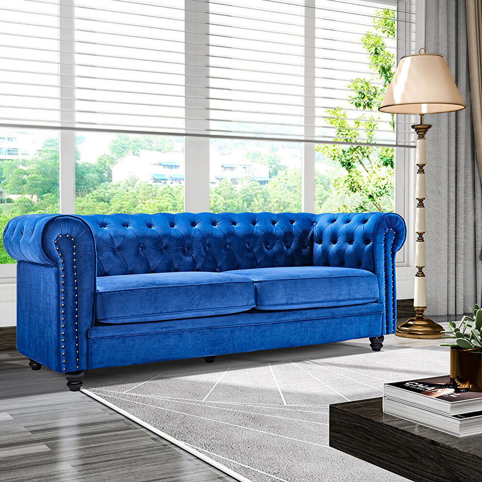 Classic sofa loveseat blue velvet solid wood oak feet by La Spezia