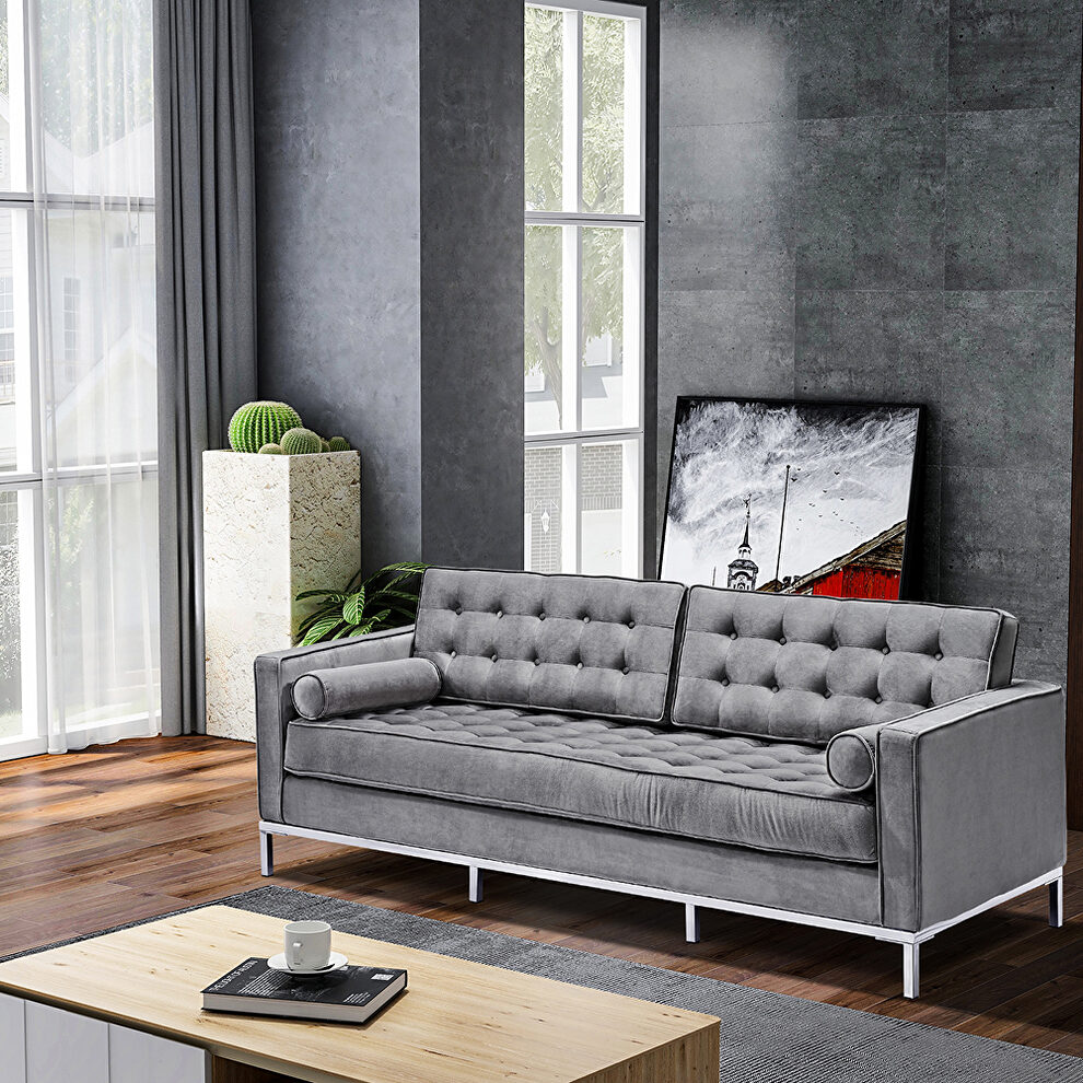 Gray velvet sofa loveseat metal foot by La Spezia