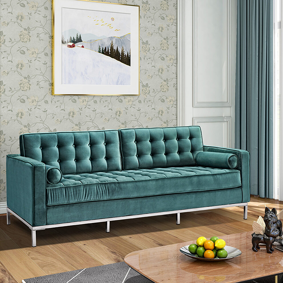 Green velvet sofa loveseat metal foot by La Spezia