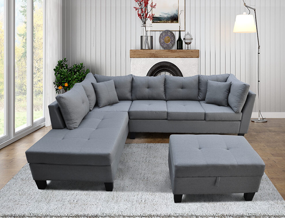 Gray sectional sofa set for living room with left hand chaise lounge and storage ottoman by La Spezia