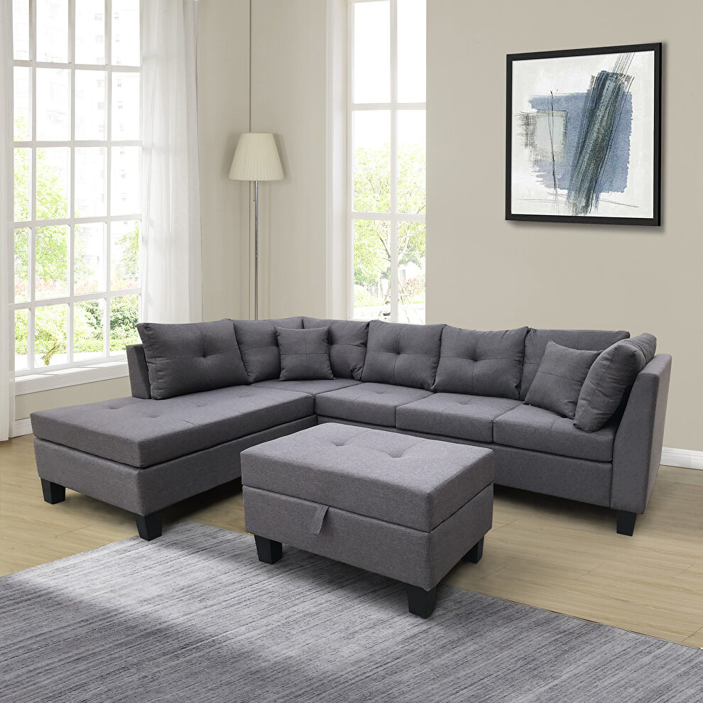 Dark gray sectional sofa set for living room with left hand chaise lounge and storage ottoman by La Spezia