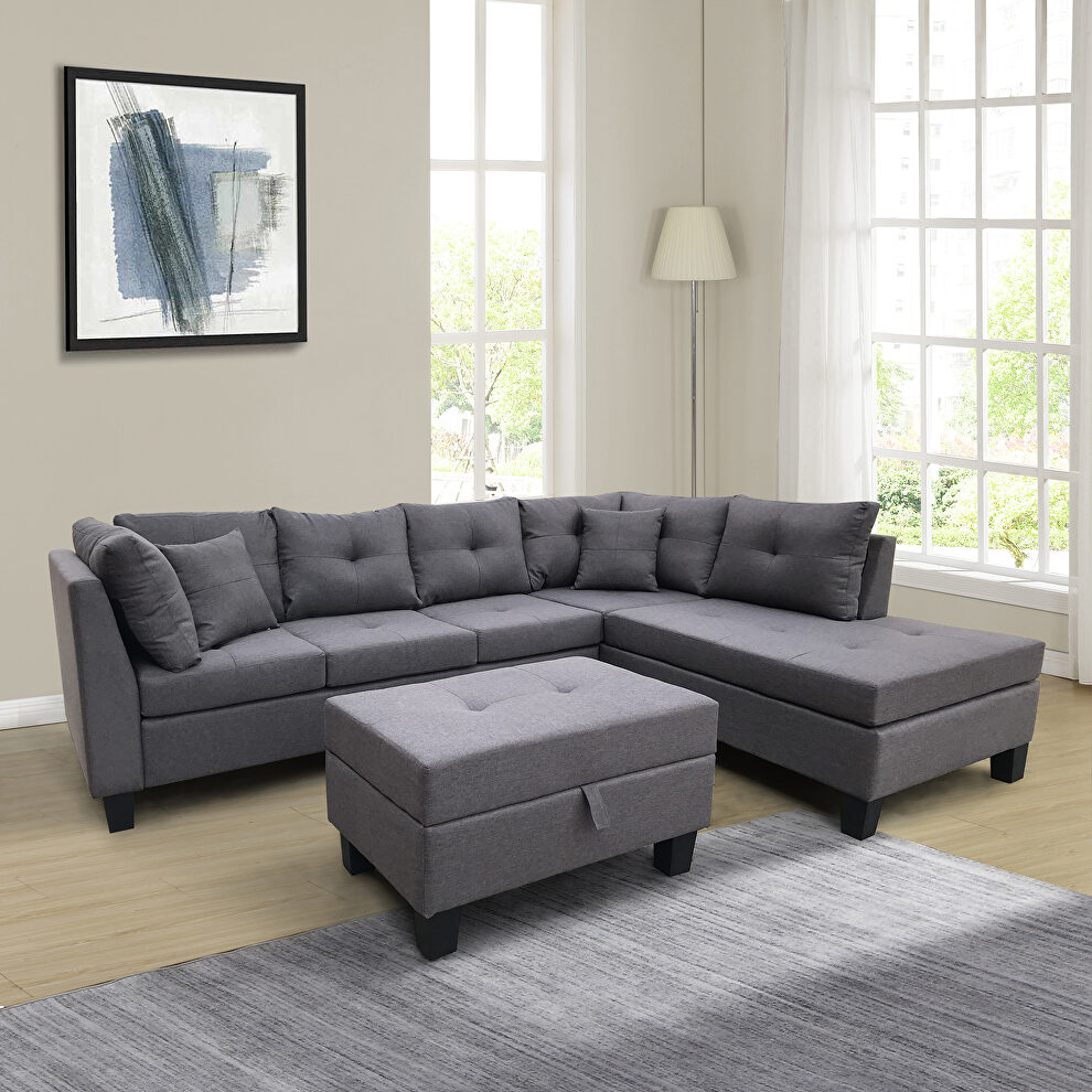 Dark gray sectional sofa set for living room with right hand chaise lounge and storage ottoman by La Spezia