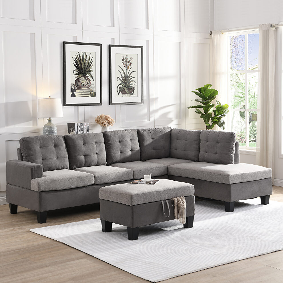 Gray fabric sectional sofa with chaise lounge and storage ottoman by La Spezia