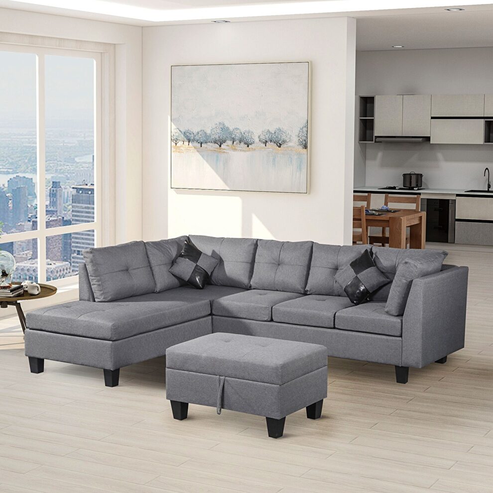 Gray fabric 3-piece sofa with left chaise lounge and storage ottoman by La Spezia