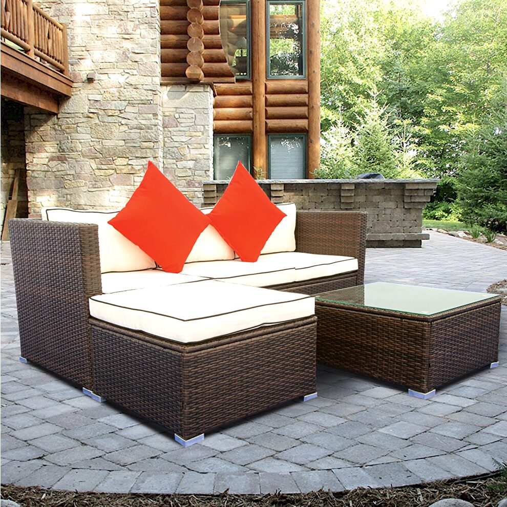 Creme cushion with black core patio sectional wicker rattan sofa 3 piece set by La Spezia
