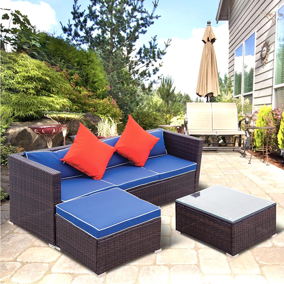 Blue cushion with white core patio sectional wicker rattan sofa 3 piece set by La Spezia