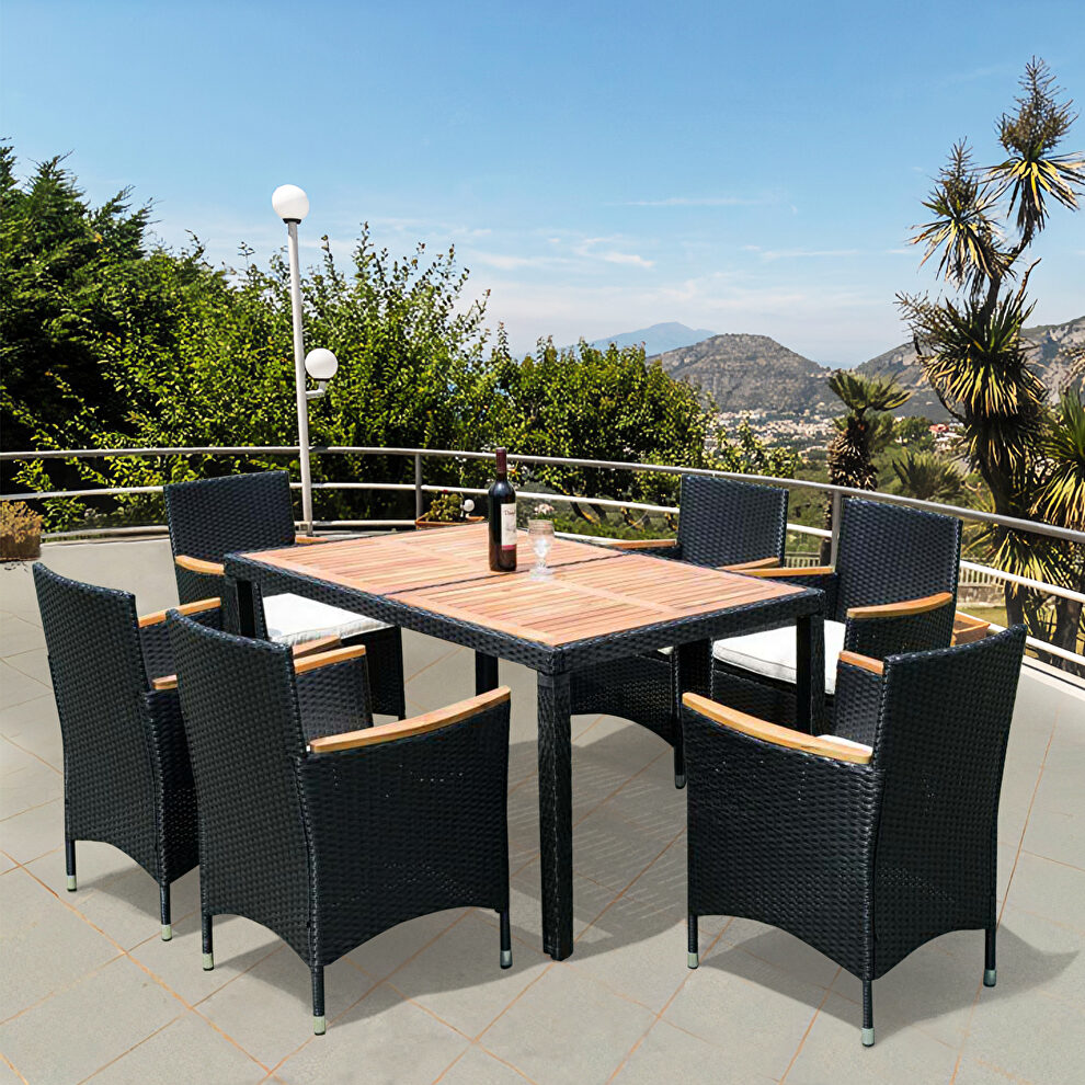 Black rattan 7-piece outdoor patio wicker dining set w/acacia wood top by La Spezia