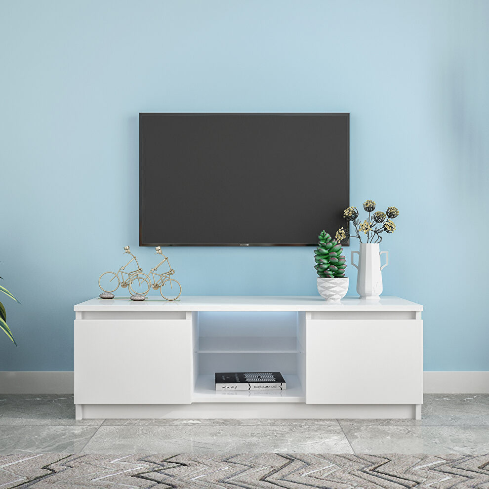 White TV stand with lights, modern led tv cabinet with storage drawers by La Spezia