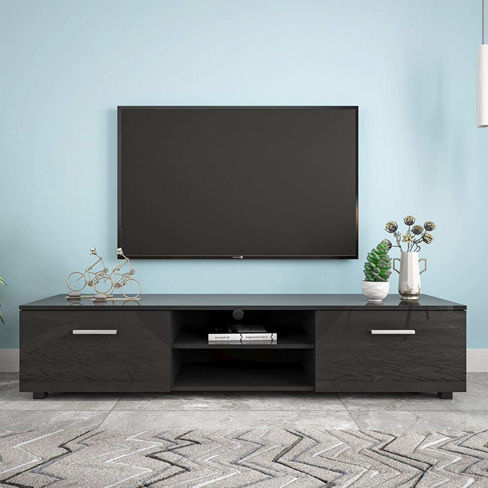 Black TV stand for 70 inch tv stands, media console entertainment center television table by La Spezia