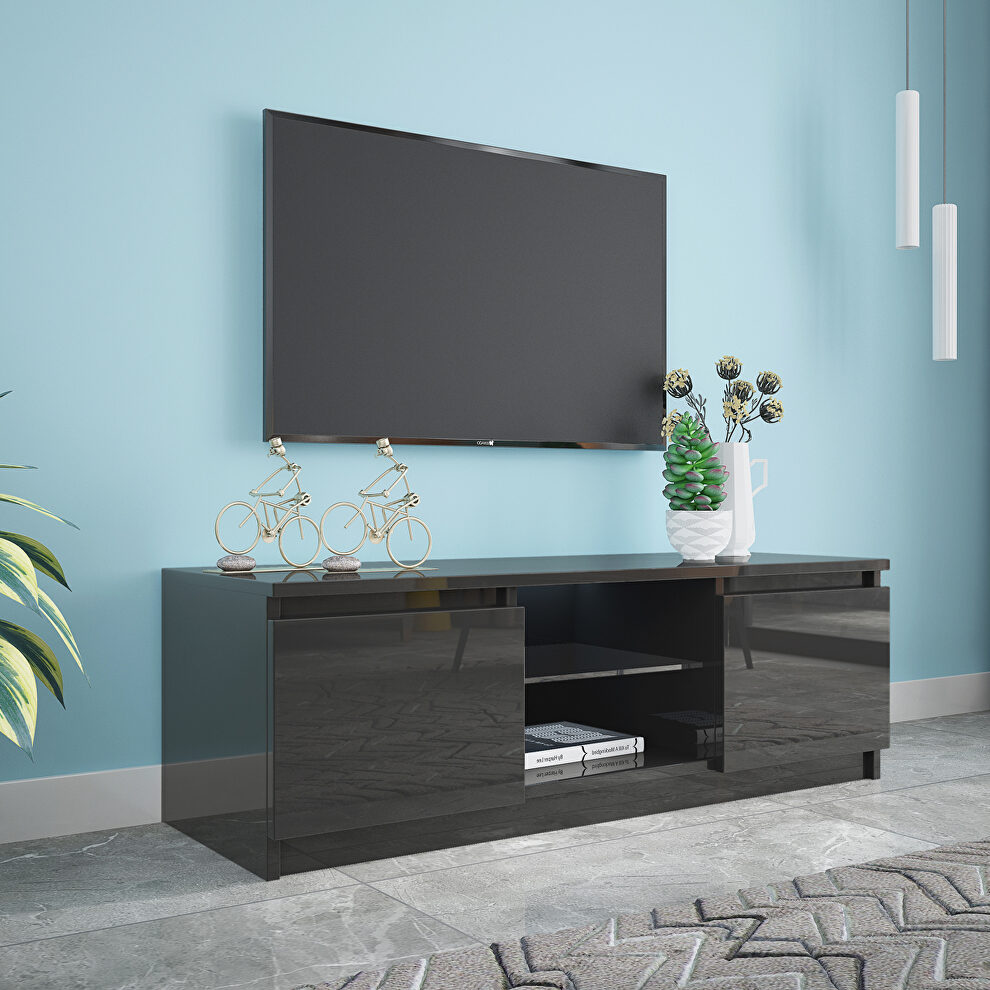 Black TV stand with lights, modern led tv cabinet with storage drawers by La Spezia
