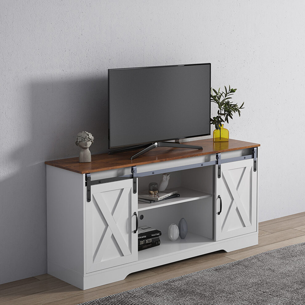 Sliding barn door modern white wood TV stand for tvs up to 65 by La Spezia