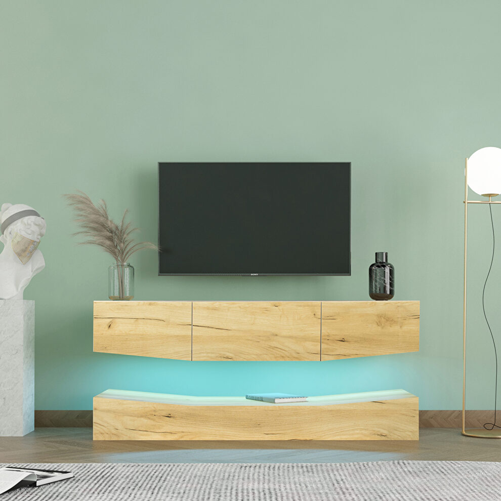 Modern TV stand for 55 inch tv with led lights in oak by La Spezia