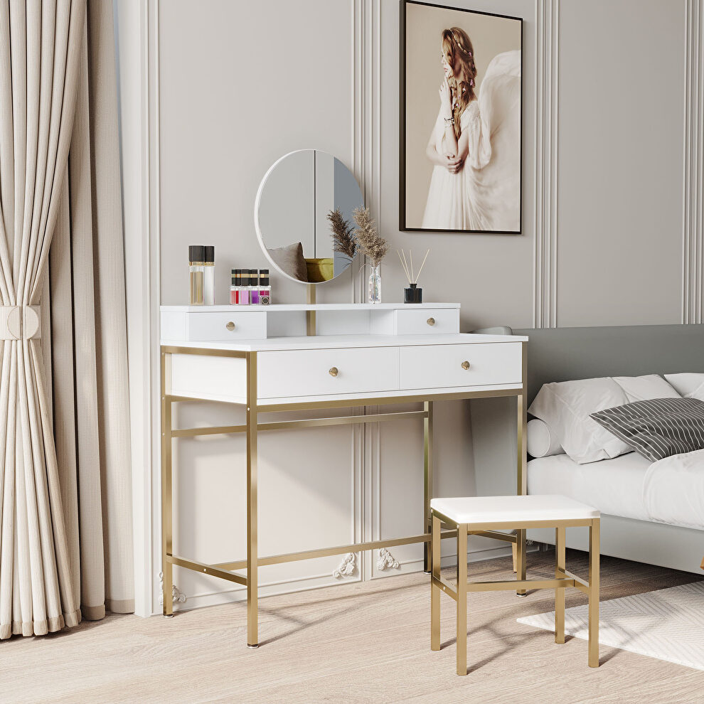 White base and gold metal frame modern vanity with large round mirror by La Spezia