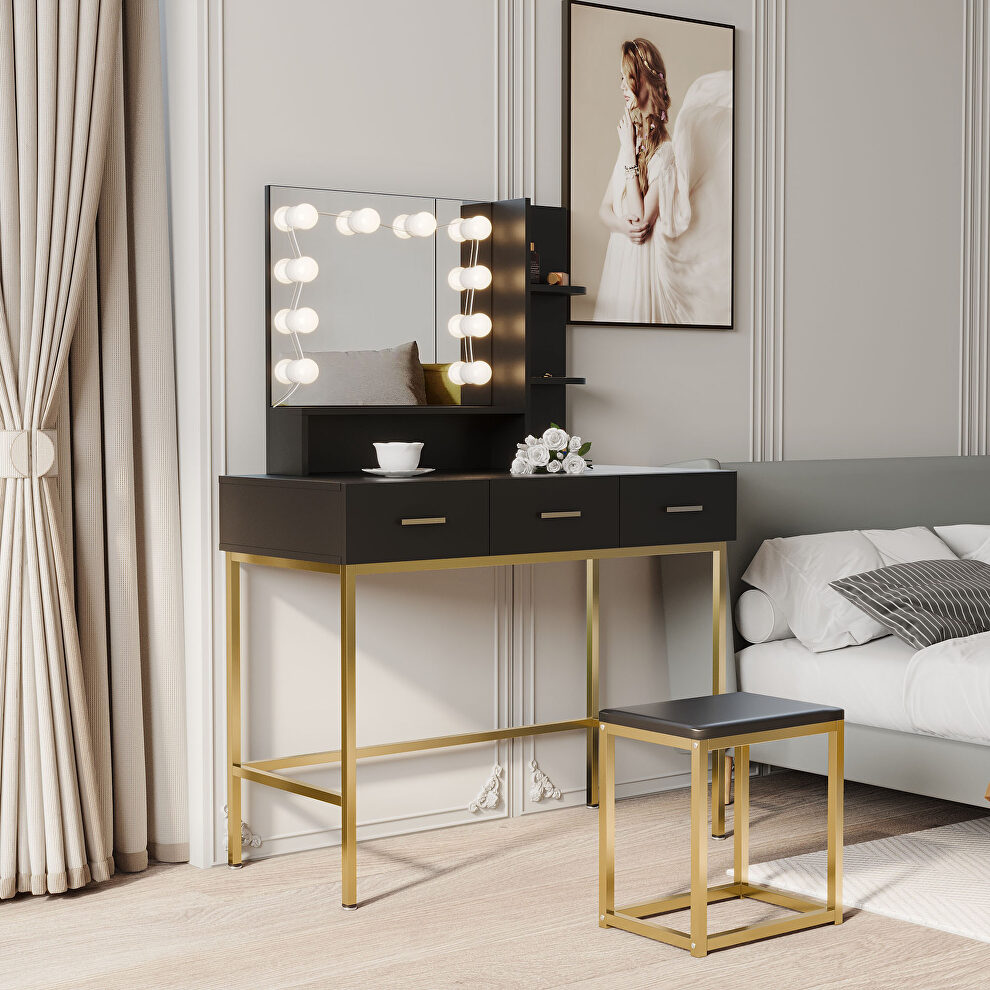 Black base and gold metal frame vanity with 10 led lights illuminate makeup mirror by La Spezia