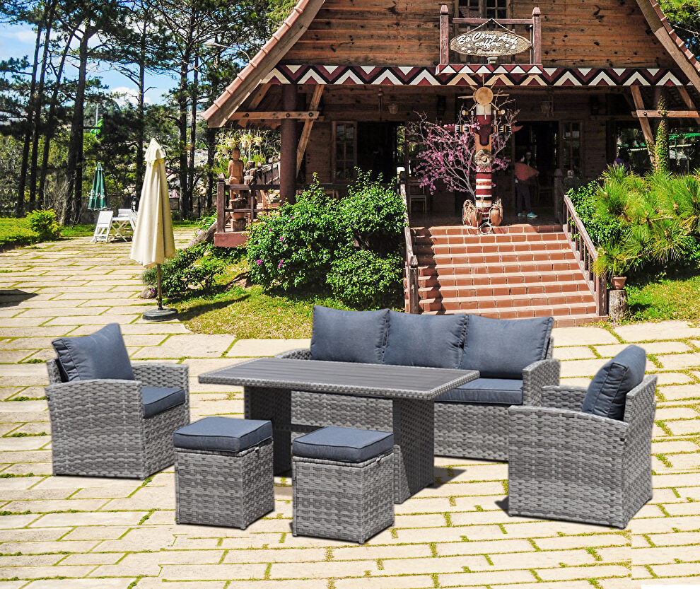 Gray 6-piece outdoor pe rattan dining and coffee sofa set by La Spezia