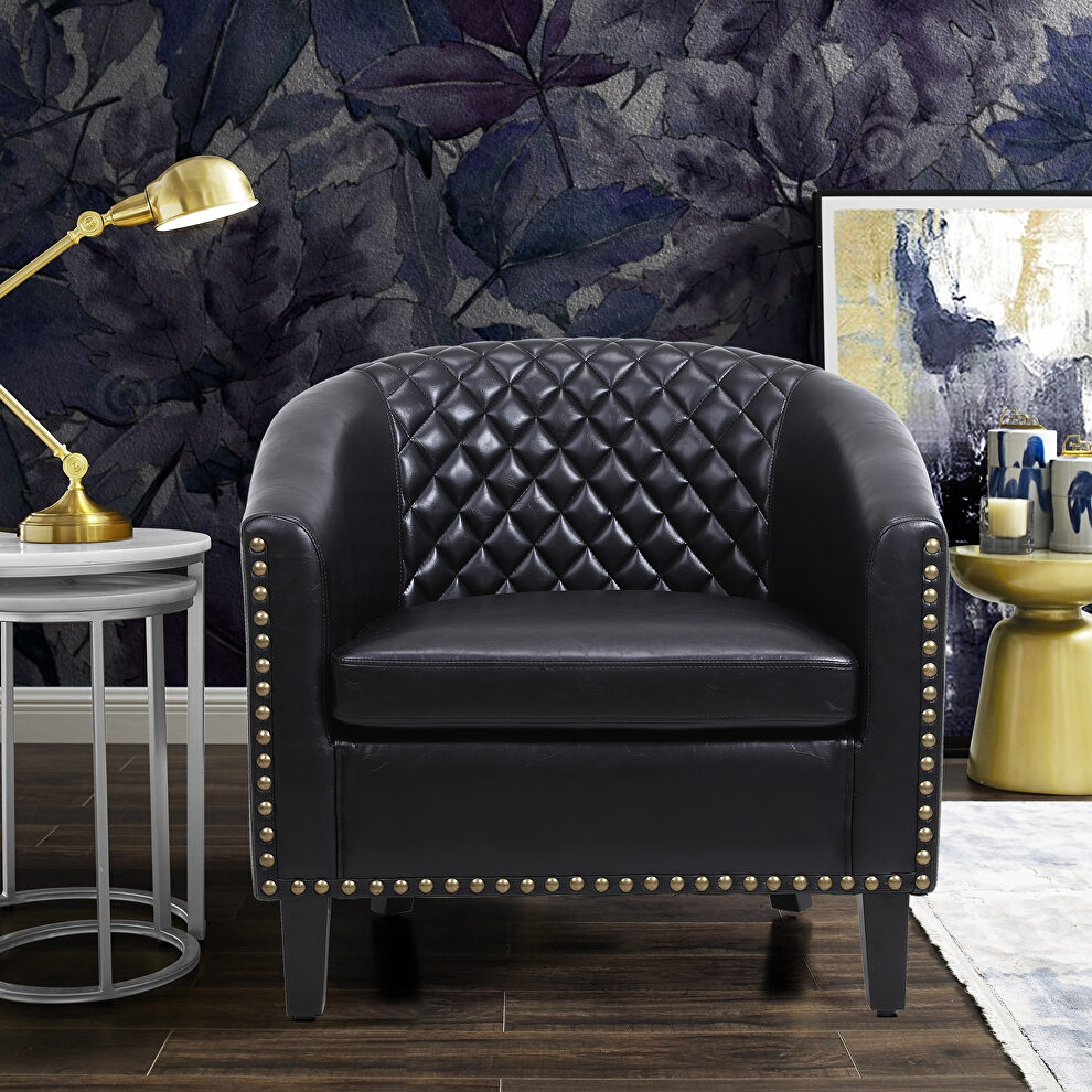 Accent barrel chair living room chair with nailheads and solid wood legs black pu leather by La Spezia