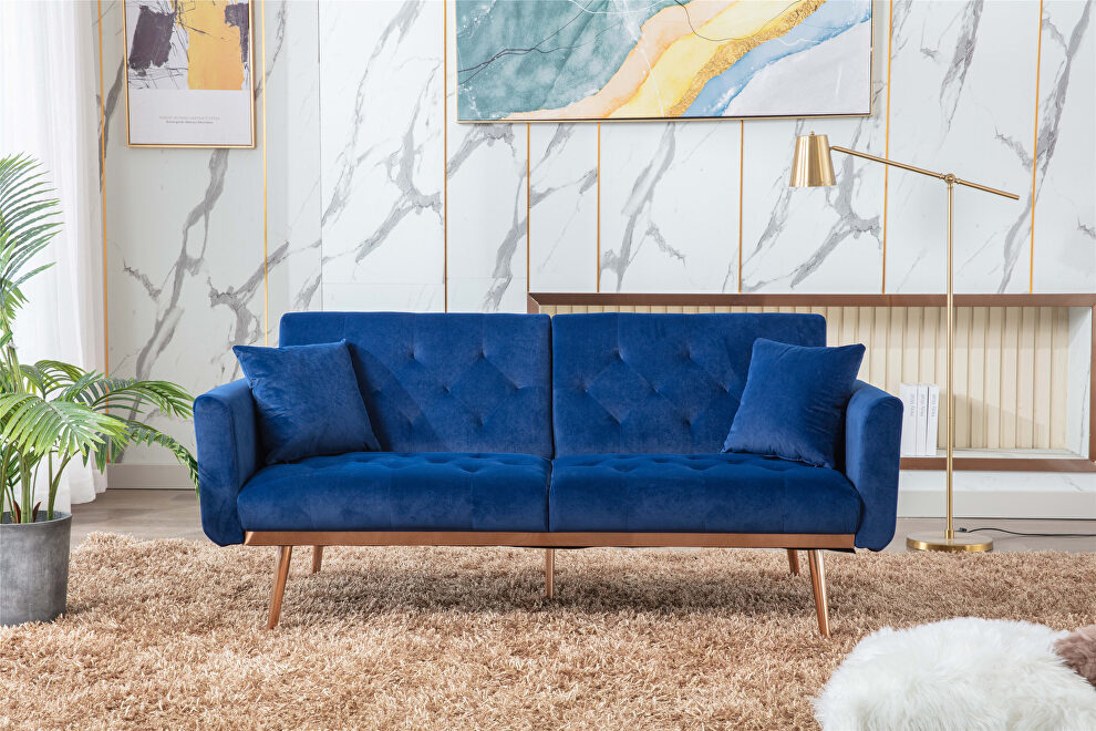 Loveseat sofa with rose gold metal feet and navy velvet by La Spezia