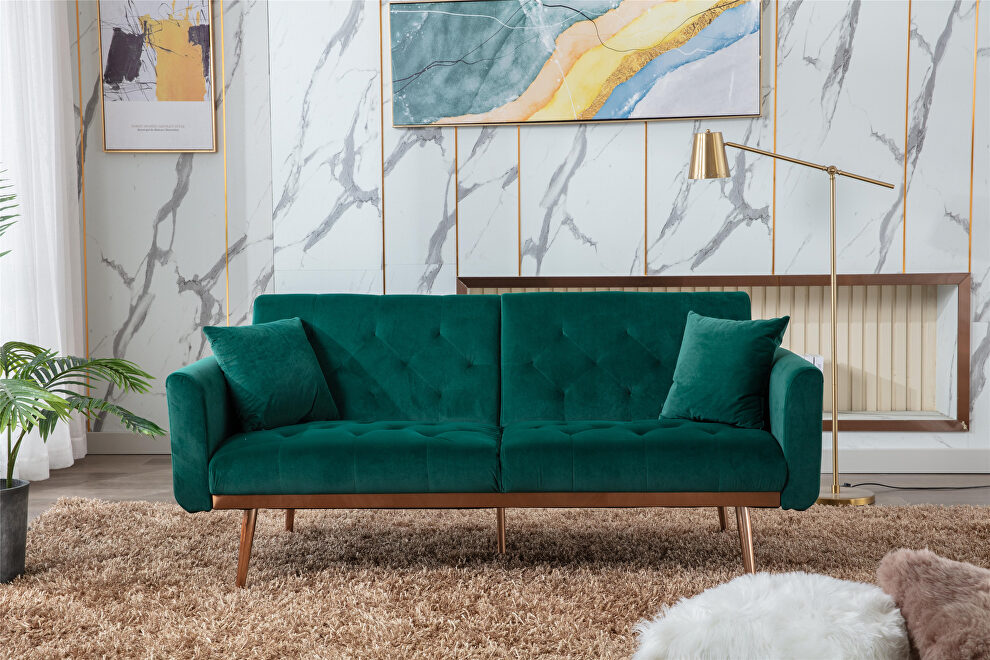 Loveseat sofa with rose gold metal feet and green velvet by La Spezia