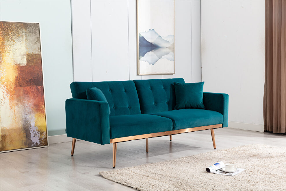 Loveseat sofa with rose gold metal feet and teal velvet by La Spezia