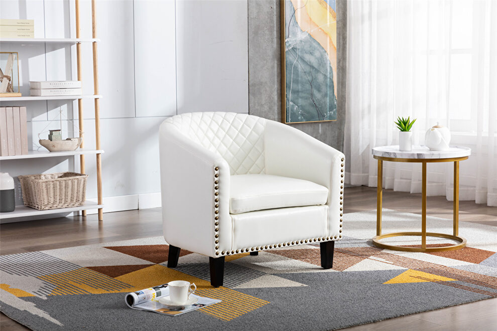 Accent barrel chair living room chair with nailheads and solid wood legs white pu leather by La Spezia