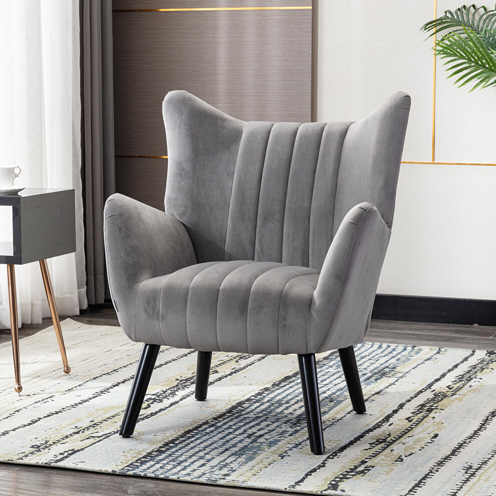 Gray velvet accent armchair living room chair with solid wood legs by La Spezia