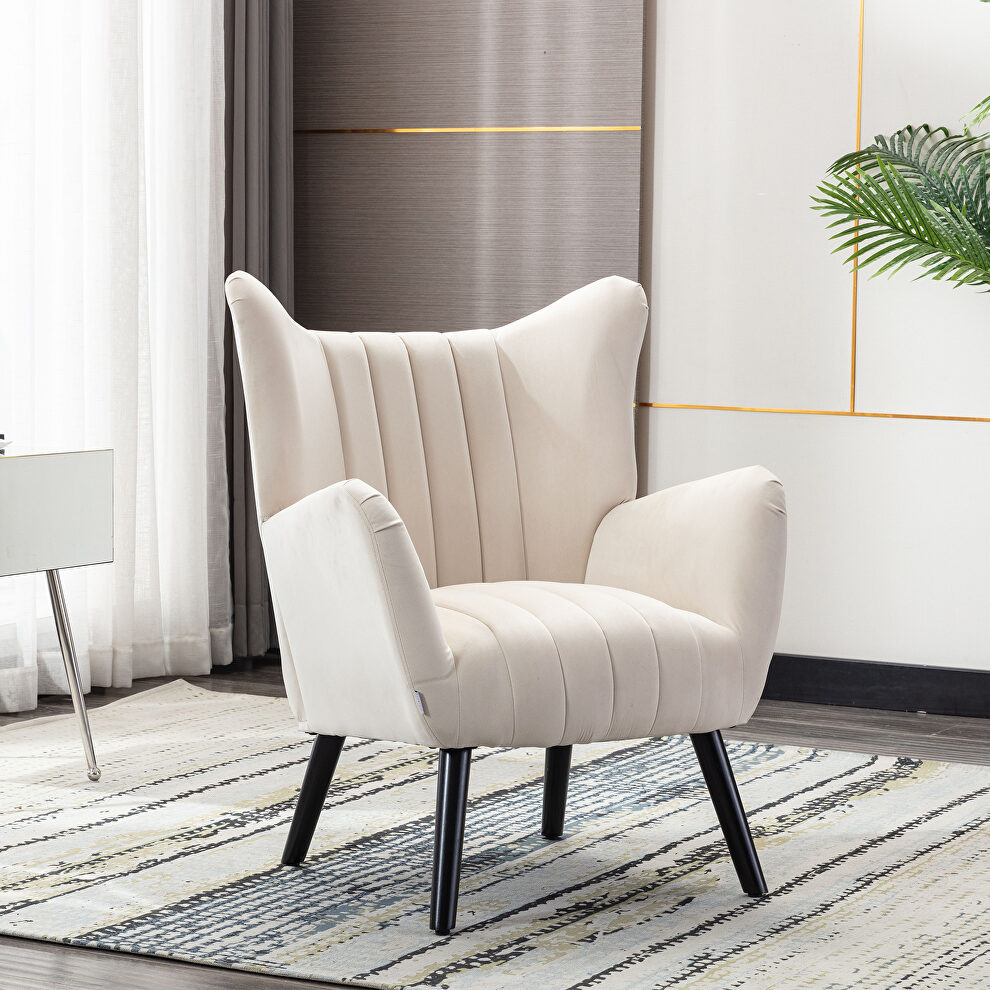 Beige velvet accent armchair living room chair with solid wood legs by La Spezia
