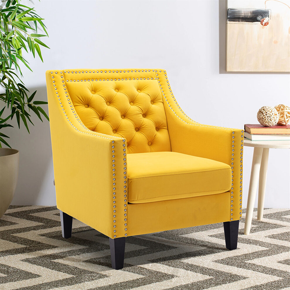 Yellow accent armchair living room chair with nailheads and solid wood legs by La Spezia