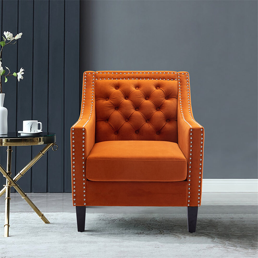 Orange accent armchair living room chair with nailheads and solid wood legs by La Spezia