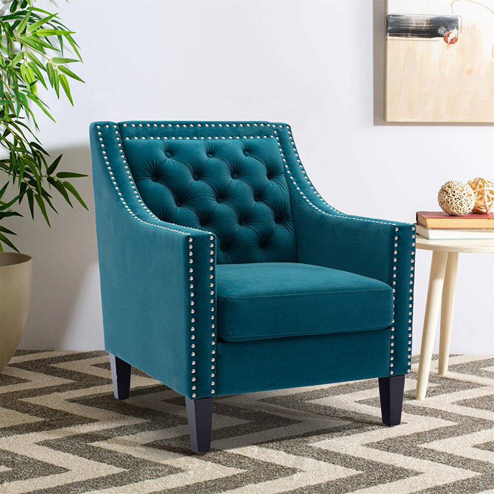 Teal accent armchair living room chair with nailheads and solid wood legs by La Spezia