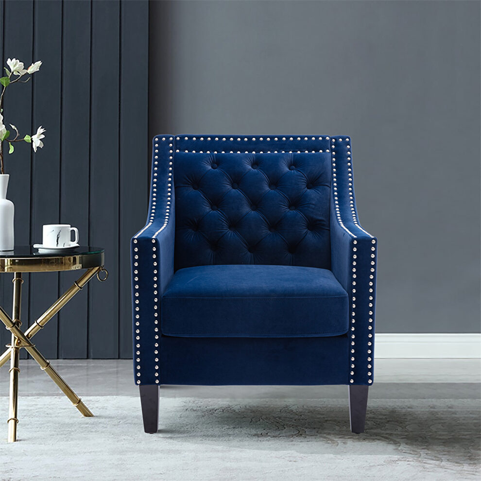 Navy accent armchair living room chair with nailheads and solid wood legs by La Spezia