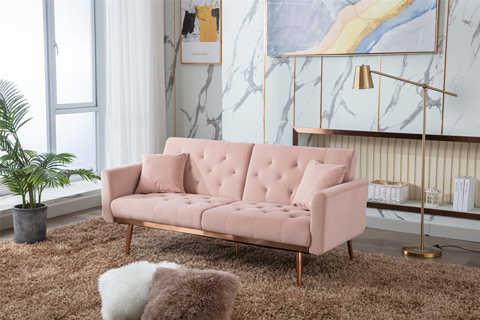Pink velvet loveseat sofa with rose gold metal feet by La Spezia