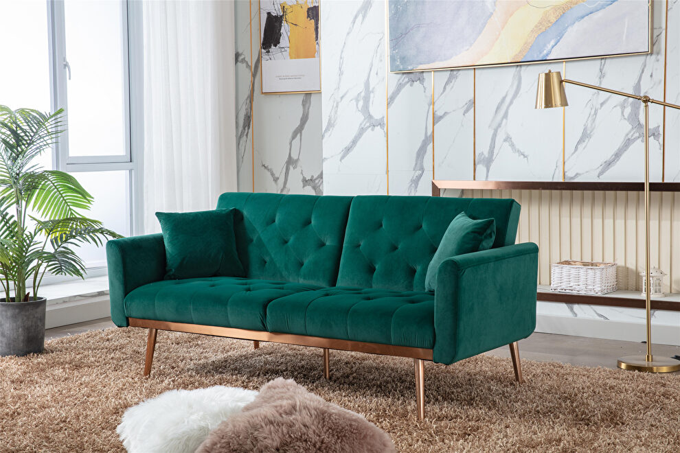 Green velvet loveseat sofa with rose gold metal feet by La Spezia