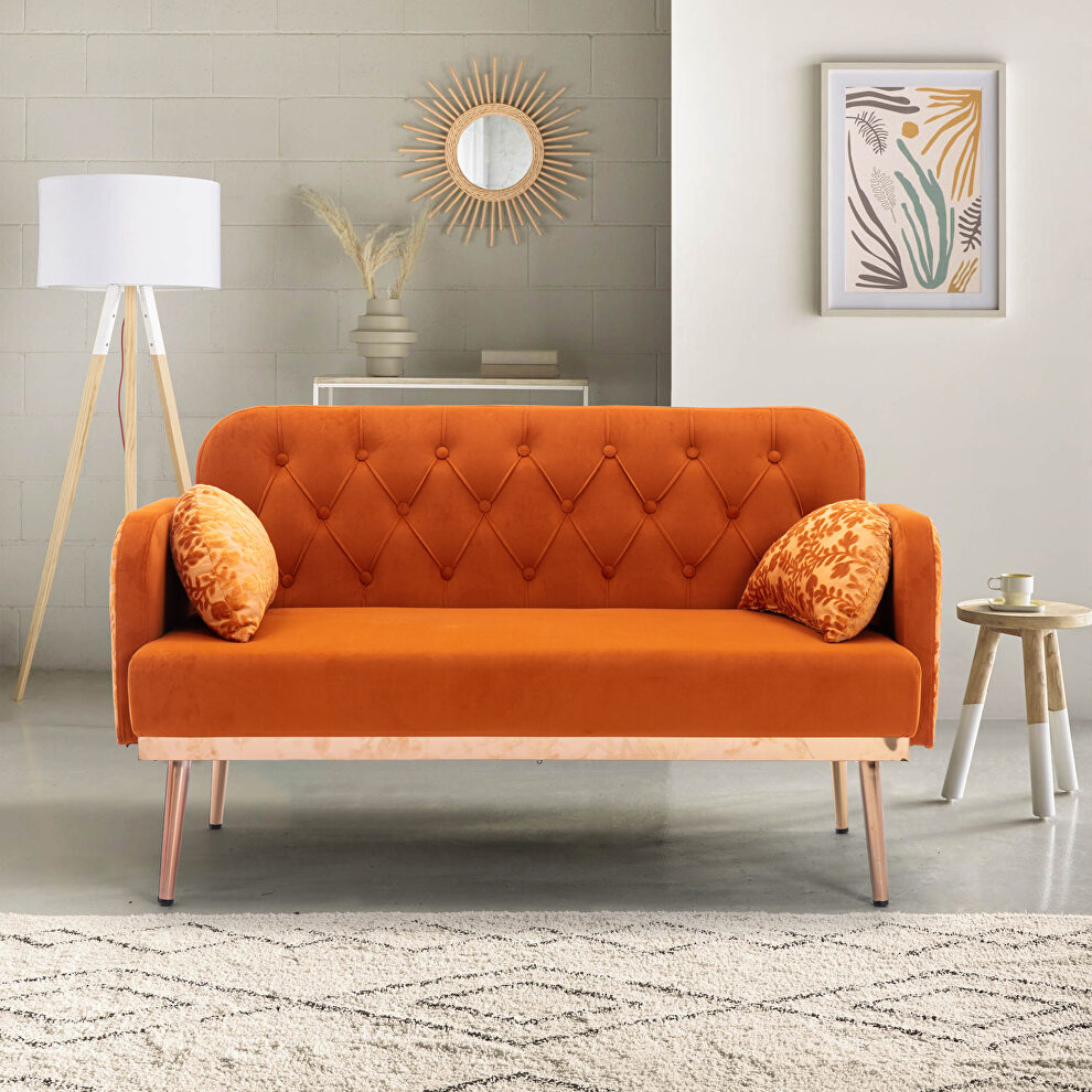 Orange velvet upholstery accent loveseat with metal feet by La Spezia