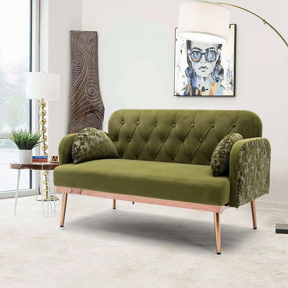 Green velvet upholstery accent loveseat with metal feet by La Spezia
