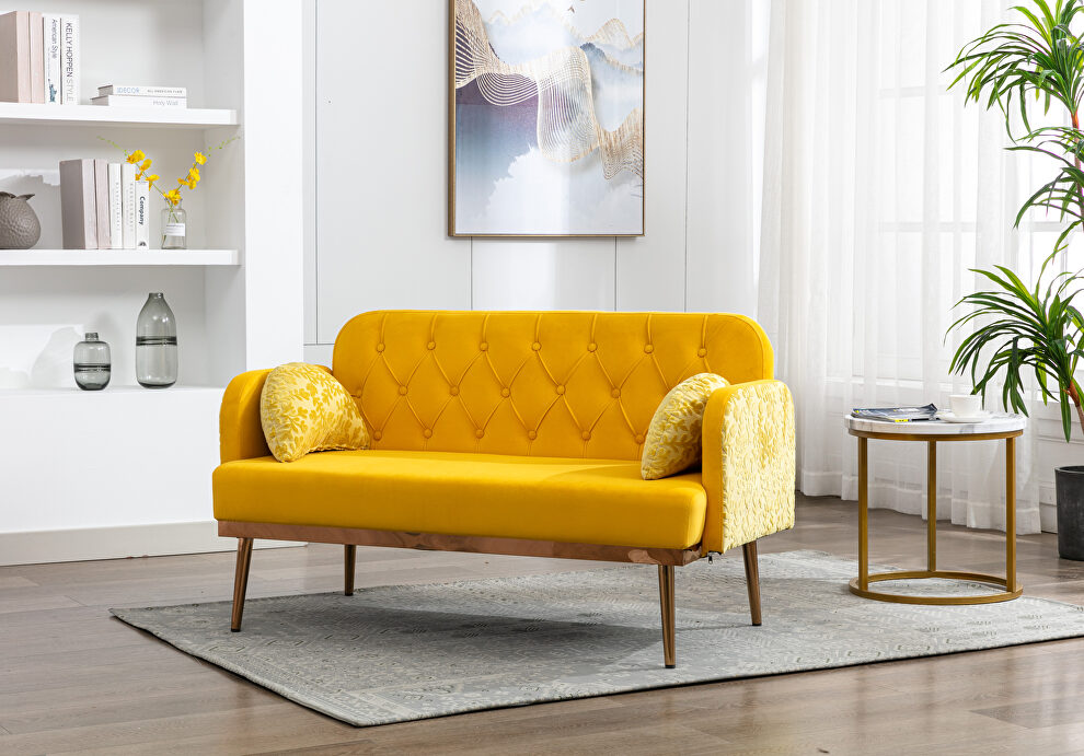 Yellow velvet upholstery accent loveseat with metal feet by La Spezia