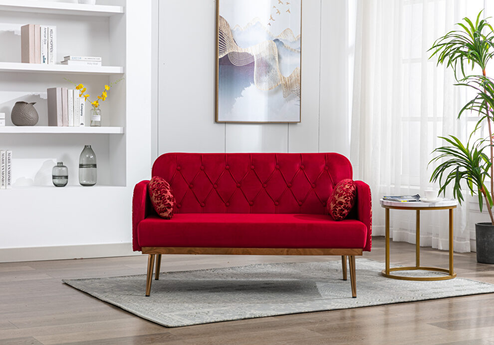 Red velvet upholstery accent loveseat with metal feet by La Spezia