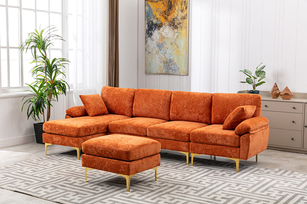 Orange fabric accent sectional sofa with ottoman by La Spezia