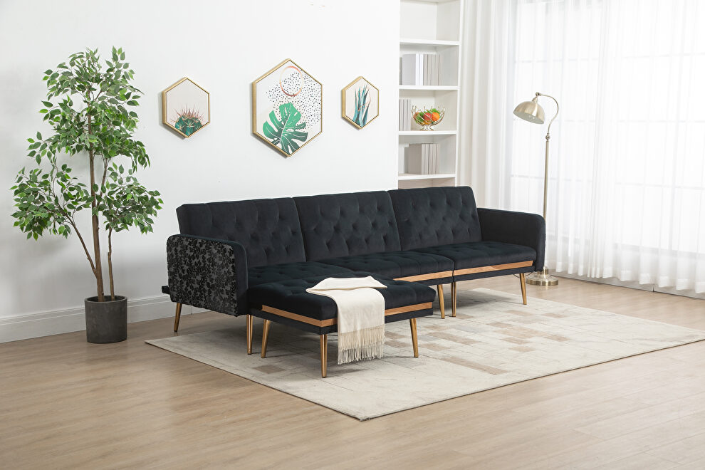 Black velvet accent sectional sofa with reversible chaise by La Spezia